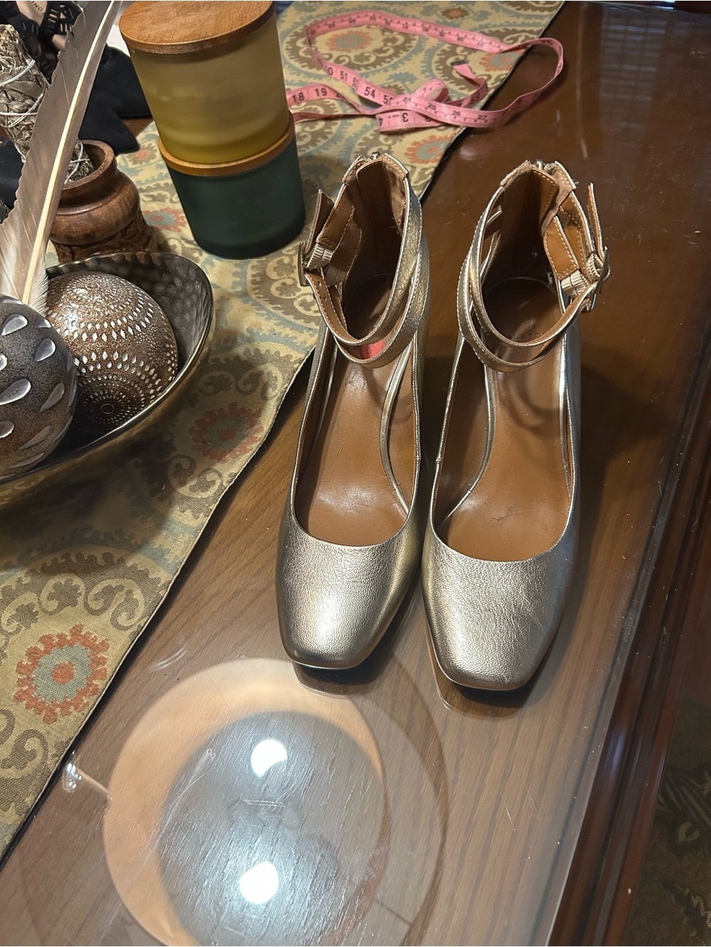 H by Halston Metallic Gold Square Toe Ankle Strap Block Heels Size 8.5